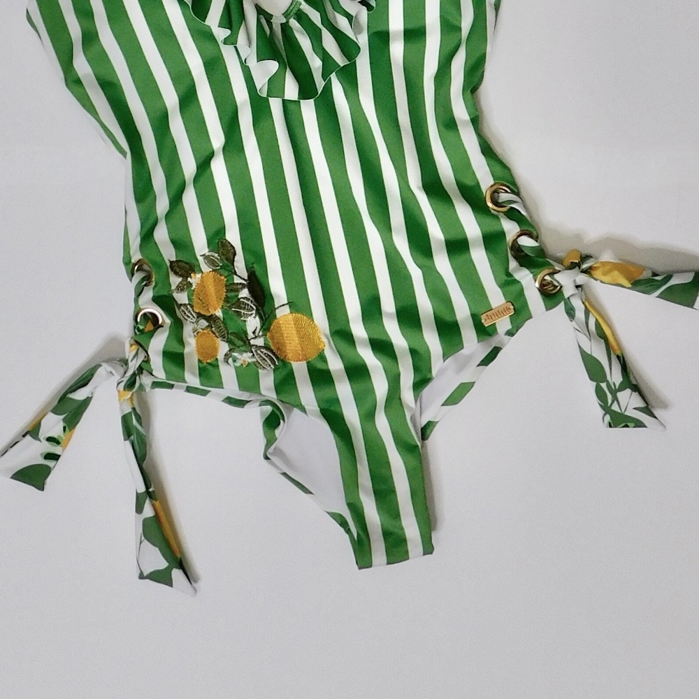 Anthropologie Green and White Striped Ruffle One-Piece Swim - Picture 5 of 13